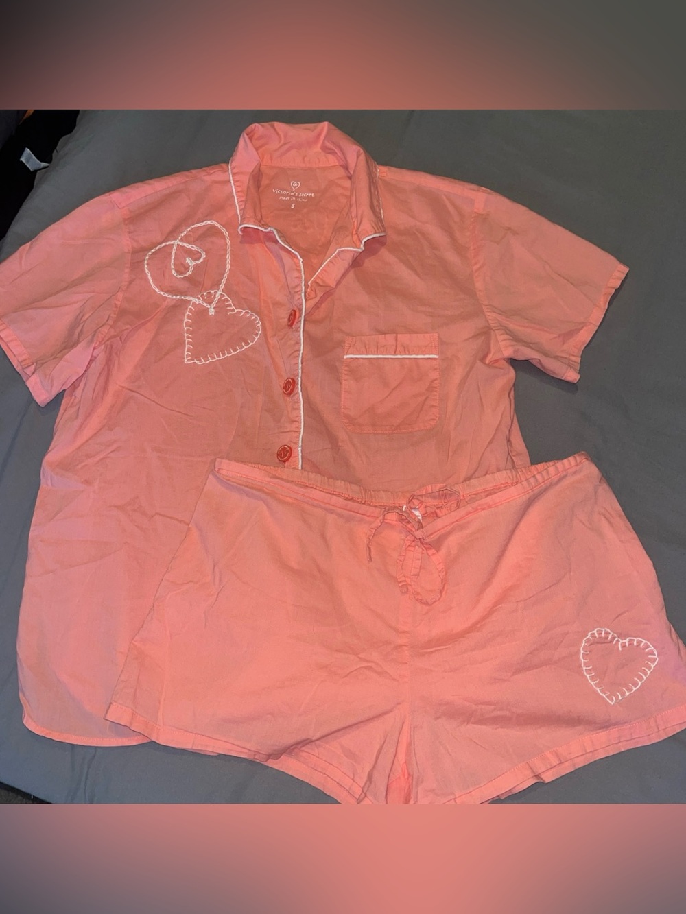 Victoria's Secret Pink Short-Sleeve Heart Embroidered Pajama Set